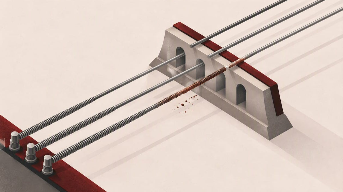 Abstract piano string path interrupted by corrosion
