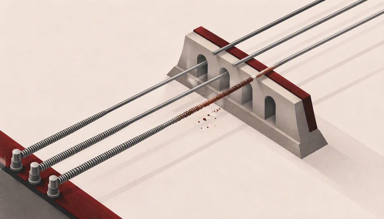 Abstract piano string path interrupted by corrosion