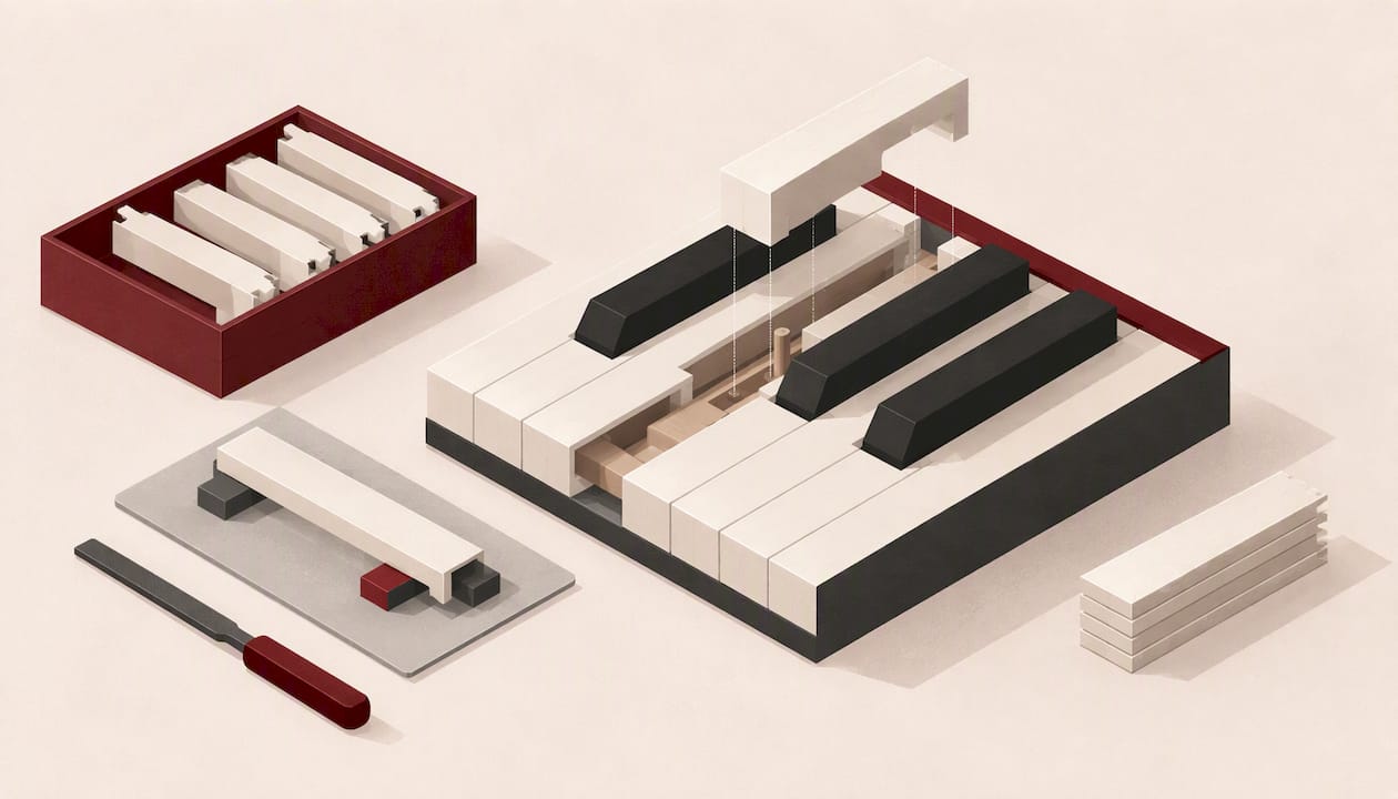Geometric layers suggest careful piano keytop replacement